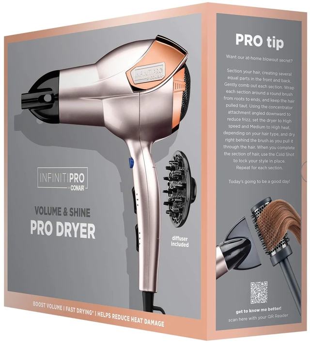 Alt view image 7 of 7 - INFINITIPRO BY CONAIR Hair Dryer with Diffuser | Volume and Shine Pro AC Motor Blow Dryer | Includes Diffuser and Concentrator | Rose Gold