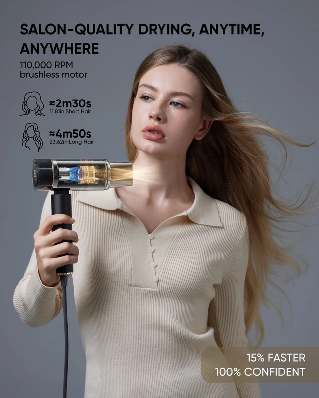 Alt view image 7 of 7 - Bluvol T10 Apex Foldable Travel Hair Dryer, Mini Blow Dryer for Home & Gym | Lightweight & Compact High-Speed Hair Dryer with 200 Million AquaGlow Negative Ions, Kid-Safe Gentle Mode & Concentrator