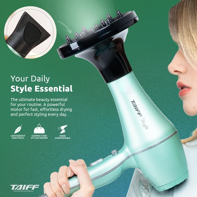 Alt view image 2 of 7 - TAIFF Style - Hair Dryer with Diffuser | 125V, 1875W | Fast Drying Ionic-Ceramic Frizz Control | Lightweight Travel Friendly Dual Voltage 125V, 1875W Ionic Blow Dryer | Mint