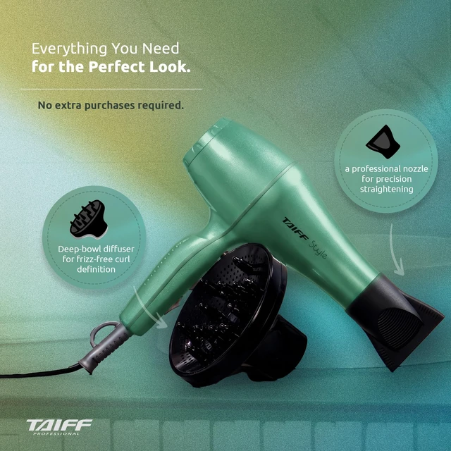 Alt view image 4 of 7 - TAIFF Style - Hair Dryer with Diffuser | 125V, 1875W | Fast Drying Ionic-Ceramic Frizz Control | Lightweight Travel Friendly Dual Voltage 125V, 1875W Ionic Blow Dryer | Mint