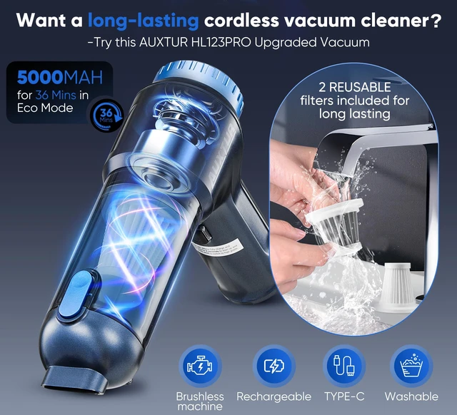 Alt view image 4 of 7 - AUXTUR Car Vacuum Cordless, 3 in 1 Handheld Vacuum,Brushless Motor 14000PA | Mini Vacuum Cleaner with One-Touch Empty&2 Washable Filters, Portable Air Duster for Home, Desktop