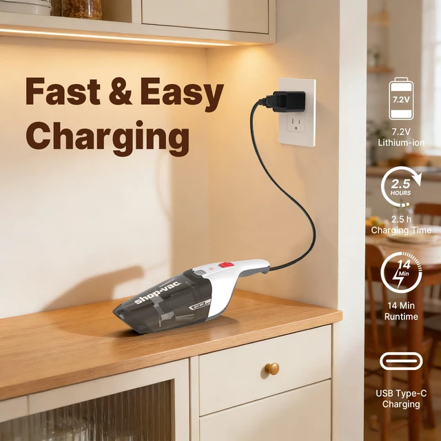 Alt view image 7 of 7 - Shop-Vac Wet/Dry Handheld Vacuum Cordless, Wall-Mounted Hand Vac, White | Powerful Portable Car Vacuum Rechargeable with Crevice Tool, Lightweight Hand Vacuum for Home & Car, Washable Filter