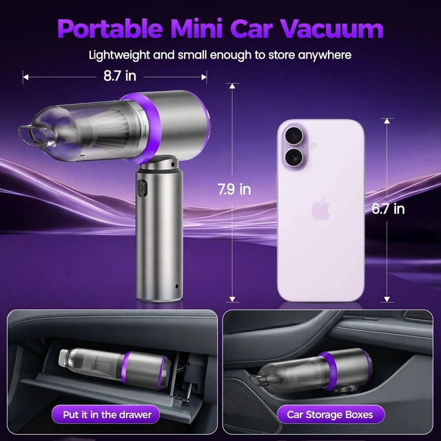 Alt view image 6 of 6 - DORVELLO Mini Car Vacuum Cleaner Portable Cordless, 21000PA High Power Small Vacuum Cleaner Handheld Vacuum, Compressed Air Duster & Air Blower & Aspiradora para Carro for Car, Home, Office, Pet