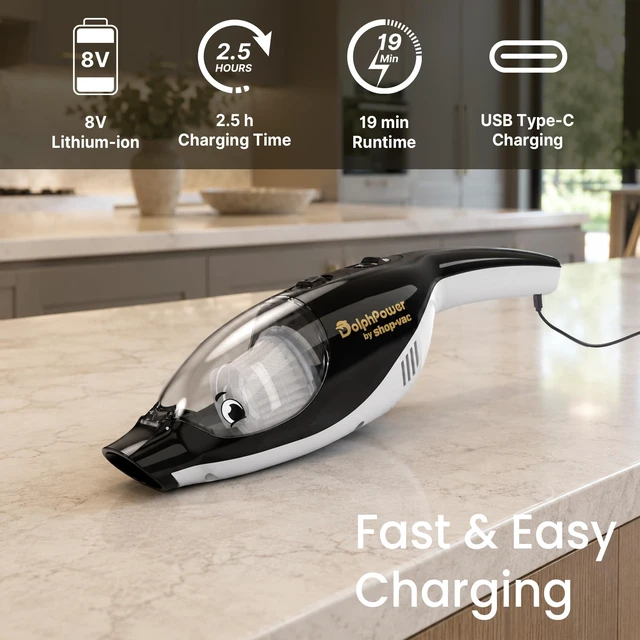 Alt view image 6 of 7 - Shop-Vac DolphPower Handheld Vacuum, 4500 Pa Cordless Mini Vacuum, Black | Cute Dolphin-Shaped Vacuum Rechargeable with Multiple Nozzles, Portable Vacuum for Home & Car, Lightweight & Compact