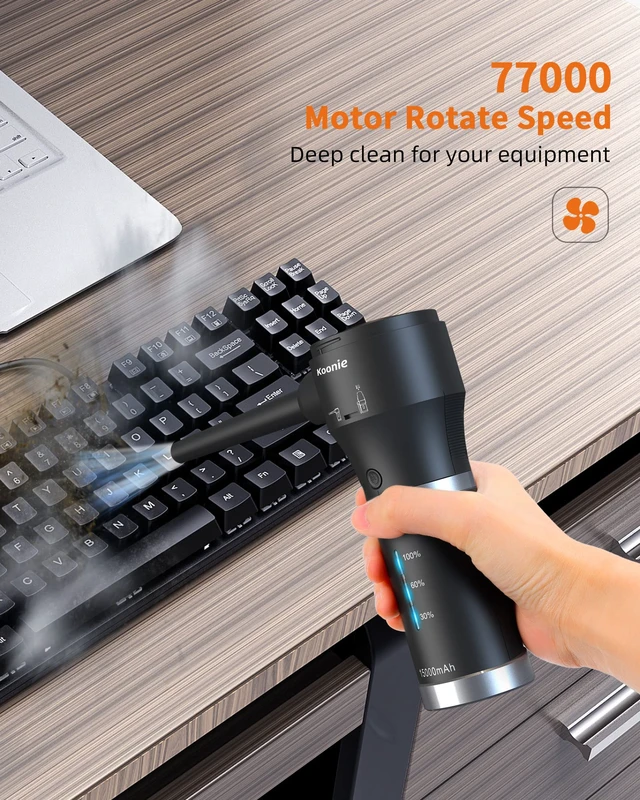 Alt view image 3 of 7 - Koonie Compressed Air Duster,Koonie 15000mAh Cordless Air Duster&Vacuum 2 in 1 Powerful 77000RPM/11000PA 2 Speeds Electric Air Duster with Detachable Battery,for Computer/Keyboard,Car,Electronics