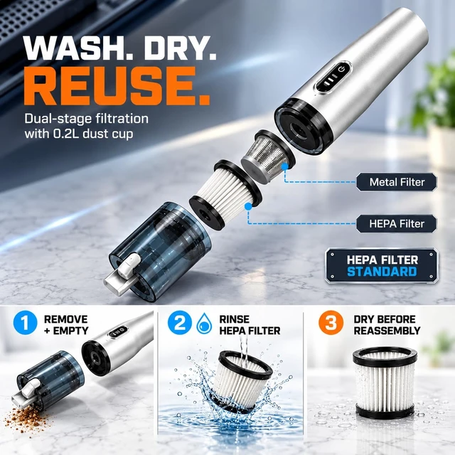 Alt view image 4 of 7 - GELEAN Car Vacuum Portable Cordless Handheld Vacuum Cleaner, 4-in-1 Mini Vacuum with 18,000Pa Suction, 6,000mAh Battery, Brushless Motor, 3 Suction Modes, USB-C, for Car, Home & Office
