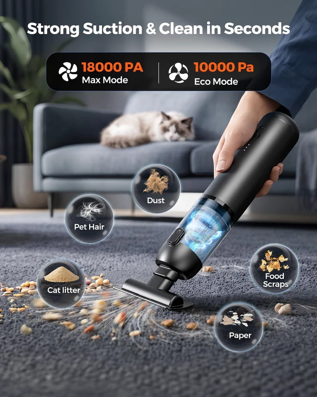 Alt view image 3 of 7 - Cordless Car Vacuum, 18000Pa Handheld Vacuum for Car, Desk, Home & Pets | 4-in-1 Mini Vacuum with 2-Hour Fast Charge, 25 Mins Runtime, 3-Level LED Display, 1 HEPA Filters, 1.5 lbs