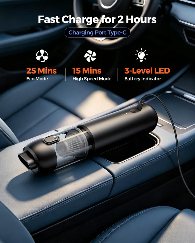 Alt view image 4 of 7 - Cordless Car Vacuum, 18000Pa Handheld Vacuum for Car, Desk, Home & Pets | 4-in-1 Mini Vacuum with 2-Hour Fast Charge, 25 Mins Runtime, 3-Level LED Display, 1 HEPA Filters, 1.5 lbs