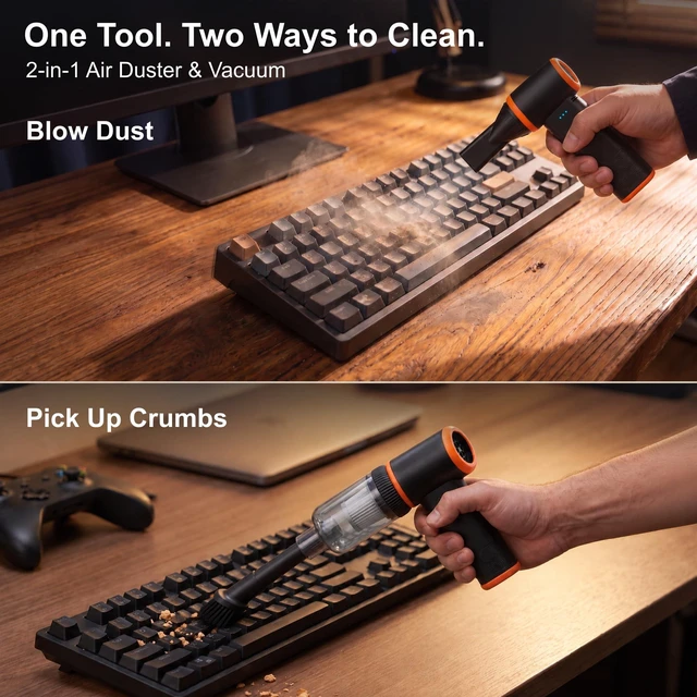 Alt view image 2 of 7 - ZUZELT X211 Compressed Air Duster and Mini Vacuum | 2-in-1 Portable Rechargeable Cordless Blower, 3 speeds, Max 150,000 RPM, 45 m/s. For Computer, keyboards and cars.