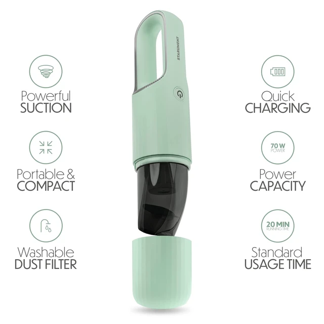 Alt view image 3 of 6 - STARUMENT Vacuum Cleaner for Dust, Pet Hair Dirt Home, Car Interior Lightweight, Portable, Handheld, Cordless, Easy to Use, Compact Design Battery Rechargeable with USB-C Cable (Mint Green)