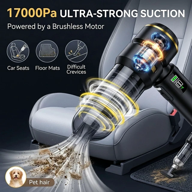 Alt view image 2 of 7 - AOKNRAM Handheld Car Vacuum Cleaner, 17000Pa High Power Cordless Vacuum Cleaner, 4-in-1 Portable Mini Air Duster, with LED Light and Multi-Nozzles, Vacuum for Car, Home, Office, Pet Hair