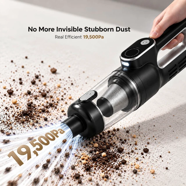 Alt view image 2 of 7 - Luminoire Car Vacuum Portable Cordless, 4-in-1 Mini Car Vacuum Cleaner, 19500Pa Suction & Air Duster, USB-C Rechargeable Handheld Vacuum with LED Light, Smart Display for Car, Home & Pet