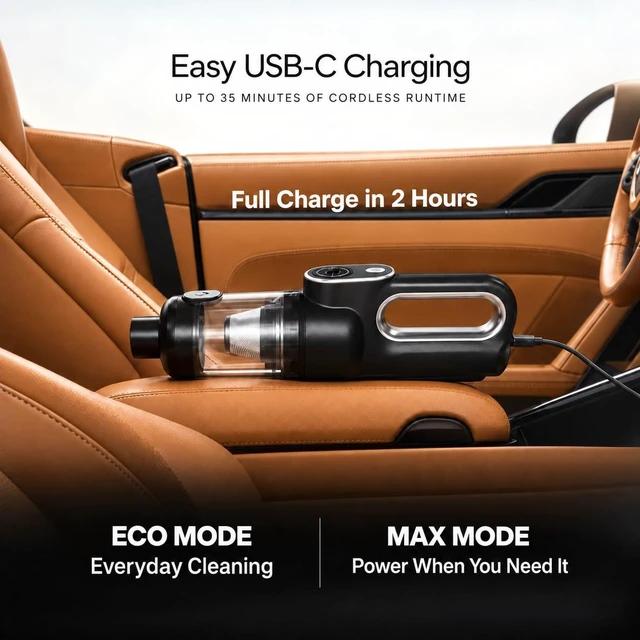 Alt view image 3 of 7 - Luminoire Car Vacuum Portable Cordless, 4-in-1 Mini Car Vacuum Cleaner, 19500Pa Suction & Air Duster, USB-C Rechargeable Handheld Vacuum with LED Light, Smart Display for Car, Home & Pet