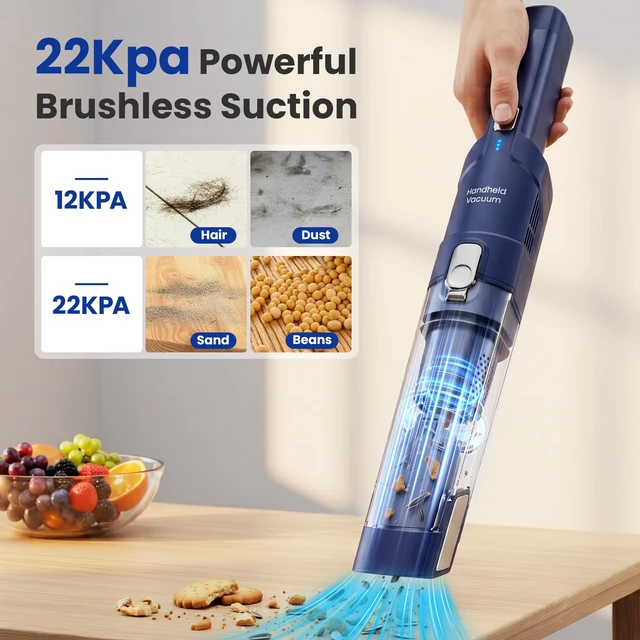 Alt view image 2 of 7 - EDLOENS Hand Vacuum Cordless Rechargeable with Brushless Motor, Blue | 22000Pa Strong Suction Hand Vacuum, 2 Suction Modes, Car Vacuum with Charging Dock, Up to 30 Min Runtime for Home/Car/Pet