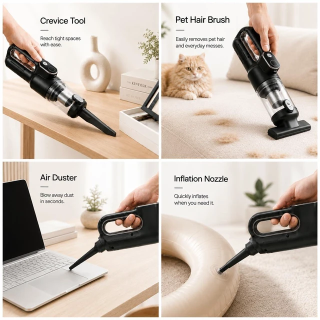 Alt view image 6 of 7 - Luminoire Car Vacuum Portable Cordless, 4-in-1 Mini Car Vacuum Cleaner, 19500Pa Suction & Air Duster, USB-C Rechargeable Handheld Vacuum with LED Light, Smart Display for Car, Home & Pet