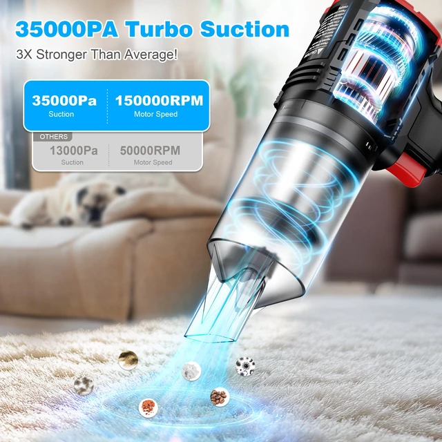 Alt view image 3 of 7 - Car Vacuum Cordless, 35000PA Strong Suction Handheld Vacuum with 2 Detachable Batteries, 60Min Runtime Portable Vacuum Cleaner for Car Detailing, Pet Hair, Home Couch & Office, 350ML XL Dust Cup
