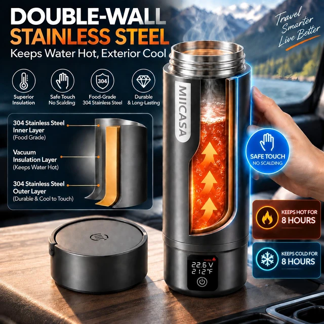 Alt view image 3 of 7 - Vacuum Insulated Car Electric Kettle,Miicasa Stainless Steel Tumbler Car Water Heater,12V/24V Water Boiler with 6 Temperature and Auto Shut-Off Boil Dry