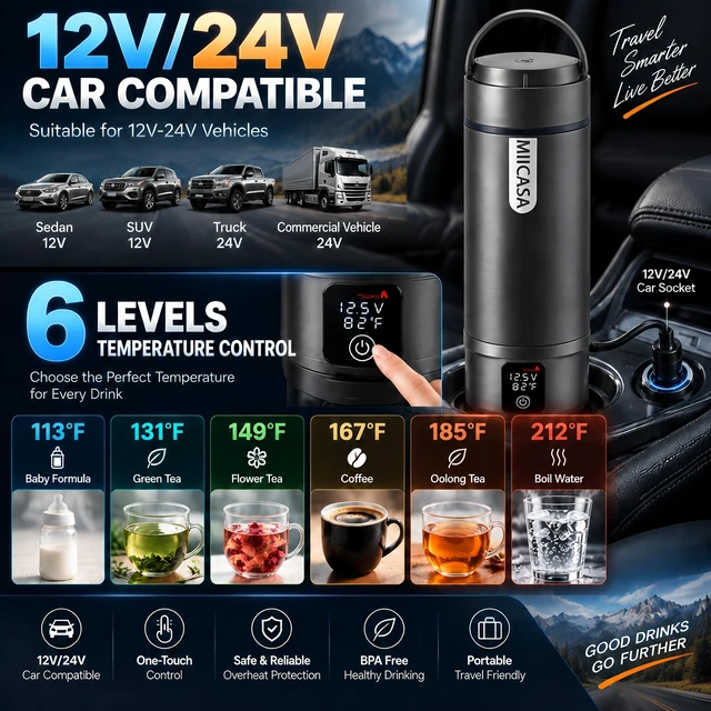 Alt view image 2 of 7 - Vacuum Insulated Car Electric Kettle,Miicasa Stainless Steel Tumbler Car Water Heater,12V/24V Water Boiler with 6 Temperature and Auto Shut-Off Boil Dry