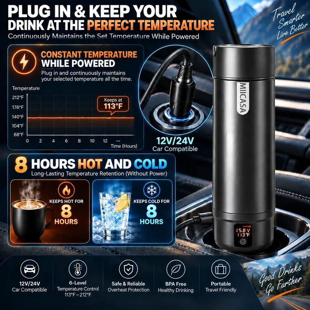 Alt view image 4 of 7 - Vacuum Insulated Car Electric Kettle,Miicasa Stainless Steel Tumbler Car Water Heater,12V/24V Water Boiler with 6 Temperature and Auto Shut-Off Boil Dry