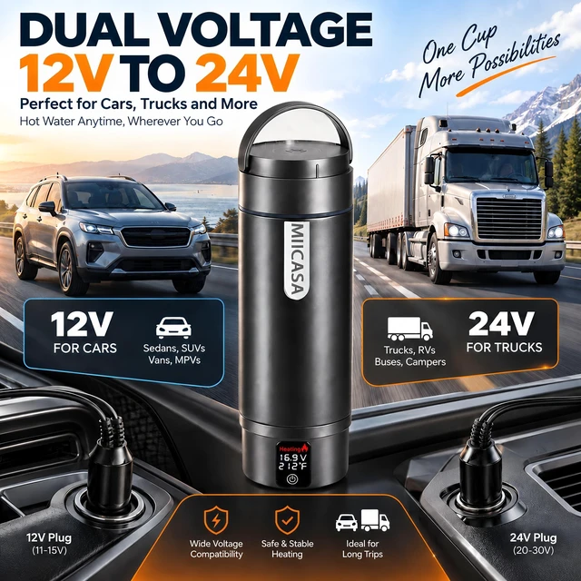 Alt view image 7 of 7 - Vacuum Insulated Car Electric Kettle,Miicasa Stainless Steel Tumbler Car Water Heater,12V/24V Water Boiler with 6 Temperature and Auto Shut-Off Boil Dry