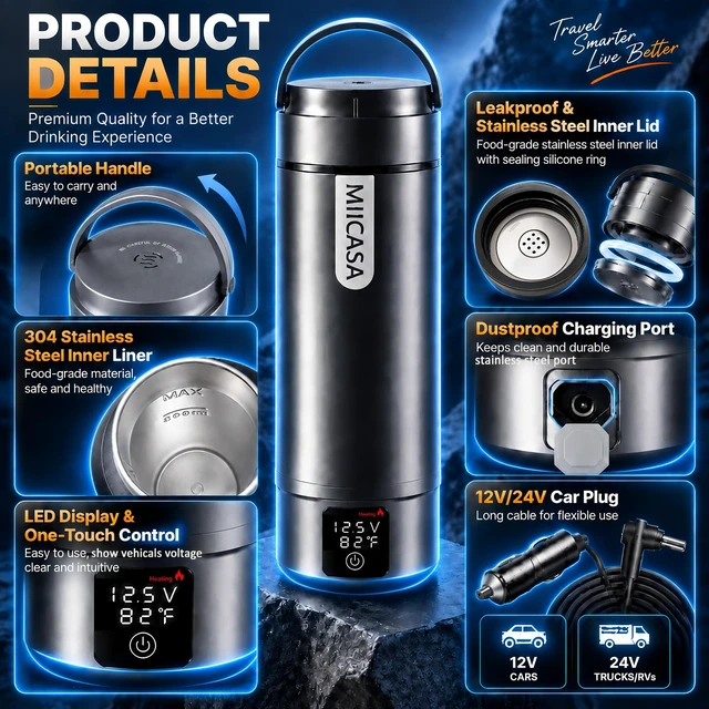 Alt view image 5 of 7 - Vacuum Insulated Car Electric Kettle,Miicasa Stainless Steel Tumbler Car Water Heater,12V/24V Water Boiler with 6 Temperature and Auto Shut-Off Boil Dry