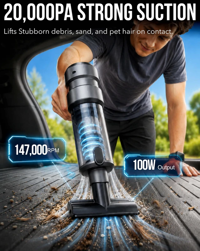 Alt view image 3 of 7 - Car-Vacuum Portable Cordless High Power Easy Empty Mini Hand Vacuum | 336ml Large Dust Cup, 4-in-1 20000Pa High Power with 3 Suction Modes Rechargeable, Extra Filter, Extended Hose & Storage Box