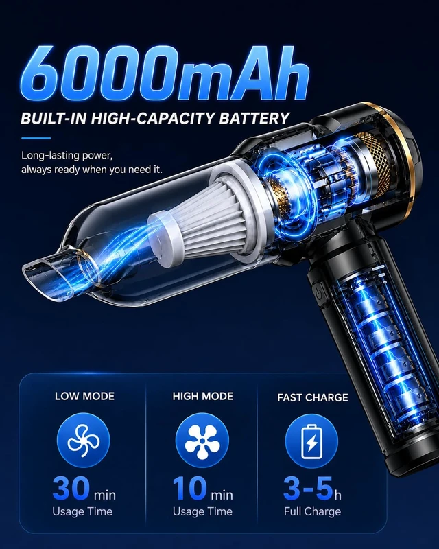 Alt view image 3 of 6 - houscly Car Vacuum Cordless Mini Handhled 4-in-1 High Power Cleaner 20000Pa | Brushless motor-6000mAh-Rechargeable-Duster blower-Pet hair crumb cleaning for car sofa office desk- Ideal gifts for men