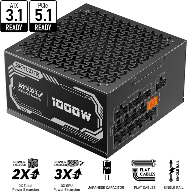 Alt view image 3 of 7 - 1000W Fully Modular Power Supply, 80+ Gold Certified PSU | ATX 3.1 & PCIe 5.1 Ready | 12V-2x6 Connector | 140mm Low-Noise Fan | 105 Japanese Capacitors | Black PSU