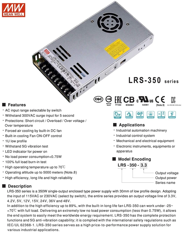 Alt view image 4 of 6 - Mean Well LRS-350-12 DC Switching Power Supply 12V 29A 350W for CCTV, Computer Project, 3D Printer, LED Strip Light, Router