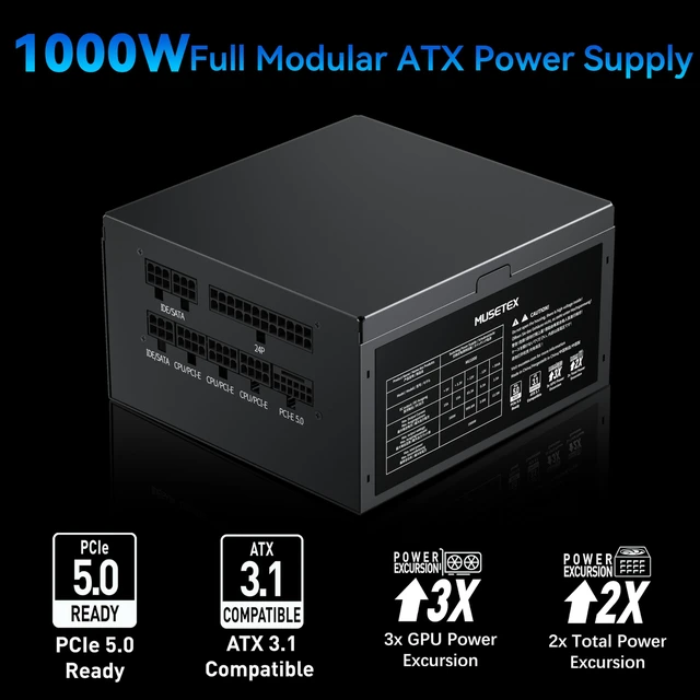 Alt view image 2 of 7 - MUSETEX PC Power Supply 1000W, ATX 3.1 & PCIE 5.0 Gaming Power Supply, Full Modular ATX Power Supply, 105°C-Main Capacitors, With 12V-2x6 Cable, 140mm Ultra Quiet Cooling Fan, PC PSU, (Black) (MU1000)