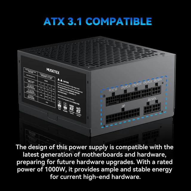 Alt view image 3 of 7 - MUSETEX PC Power Supply 1000W, ATX 3.1 & PCIE 5.0 Gaming Power Supply, Full Modular ATX Power Supply, 105°C-Main Capacitors, With 12V-2x6 Cable, 140mm Ultra Quiet Cooling Fan, PC PSU, (Black) (MU1000)