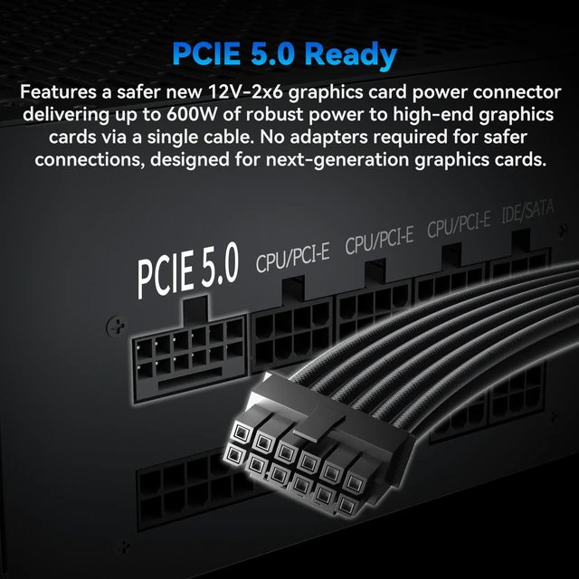 Alt view image 4 of 7 - MUSETEX PC Power Supply 1000W, ATX 3.1 & PCIE 5.0 Gaming Power Supply, Full Modular ATX Power Supply, 105°C-Main Capacitors, With 12V-2x6 Cable, 140mm Ultra Quiet Cooling Fan, PC PSU, (Black) (MU1000)
