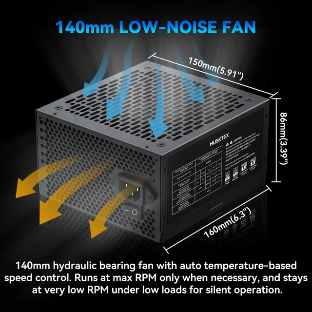 Alt view image 7 of 7 - MUSETEX PC Power Supply 1000W, ATX 3.1 & PCIE 5.0 Gaming Power Supply, Full Modular ATX Power Supply, 105°C-Main Capacitors, With 12V-2x6 Cable, 140mm Ultra Quiet Cooling Fan, PC PSU, (Black) (MU1000)