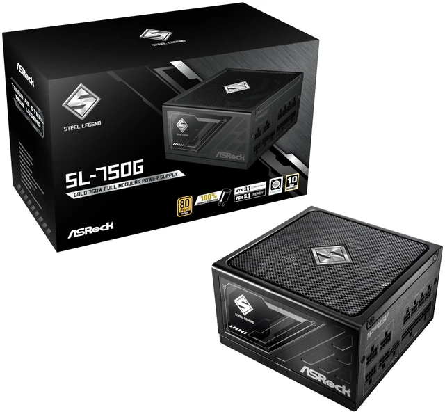 Main image of ASRock Steel Legend SL-750G 750W Power Supply ATX3.1 iCOOL Full Modular 10 Years Warranty 135 mm FDB Fan 80 Plus Gold Cybenetics Platinum PCIe5.1 12V-2x6 Cable Japanese Capacitor 5V Boost