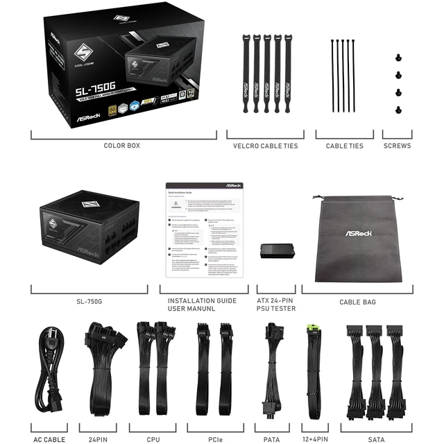 Alt view image 3 of 7 - ASRock Steel Legend SL-750G 750W Power Supply ATX3.1 iCOOL Full Modular 10 Years Warranty 135 mm FDB Fan 80 Plus Gold Cybenetics Platinum PCIe5.1 12V-2x6 Cable Japanese Capacitor 5V Boost