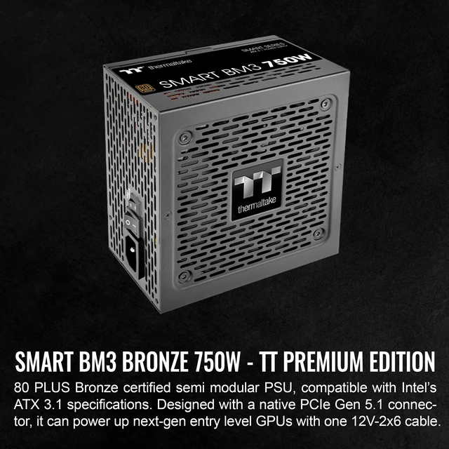 Alt view image 2 of 5 - Thermaltake Smart BM3 750W 80Plus Bronze ATX 3.1 & PCIE 5 Ready Semi-Modular Power Supply, 105°C/221°F Japanese Capacitor, 5 Year Warranty, PS-SPD-0750MNFABU-3