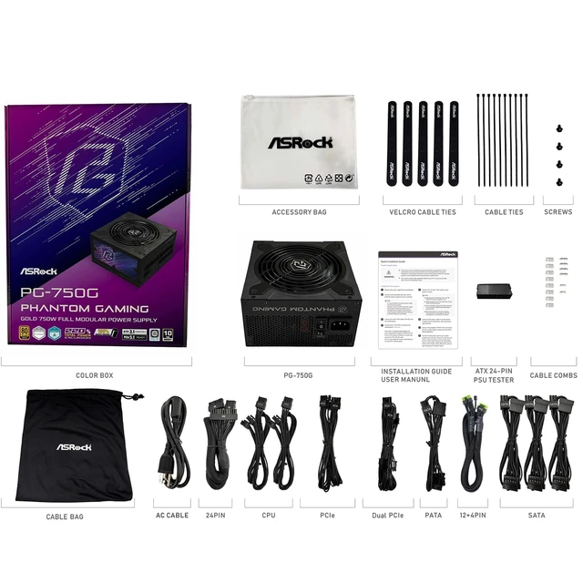 Alt view image 3 of 7 - ASRock Phantom Gaming PG-750G ATX 3.1 750W Power Supply Fully Modular Individual Braided Pattern PCle 5.1 10 Years Warranty Enthusiast Gamers 80 Plus Gold Cybenetics Platinum 12V-2x6 Cable