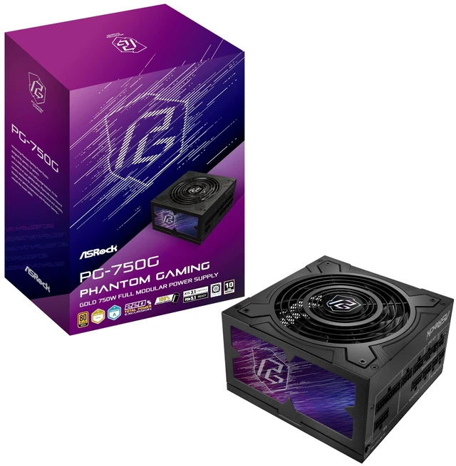 Main image of ASRock Phantom Gaming PG-750G ATX 3.1 750W Power Supply Fully Modular Individual Braided Pattern PCle 5.1 10 Years Warranty Enthusiast Gamers 80 Plus Gold Cybenetics Platinum 12V-2x6 Cable
