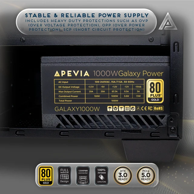 Alt view image 5 of 6 - Apevia Galaxy 1000W 80+ Gold ATX 3.1 Fully Modular Gaming PSU, PCIe 5.1 600W 12VHPWR, Japanese Caps, Silent 135mm FDB Fan, High-Wattage Power Supply for RTX 5070/5080/5090/40 Series & Dual GPU Builds