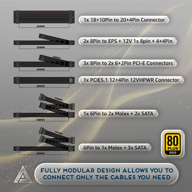 Alt view image 6 of 6 - Apevia Galaxy 1000W 80+ Gold ATX 3.1 Fully Modular Gaming PSU, PCIe 5.1 600W 12VHPWR, Japanese Caps, Silent 135mm FDB Fan, High-Wattage Power Supply for RTX 5070/5080/5090/40 Series & Dual GPU Builds