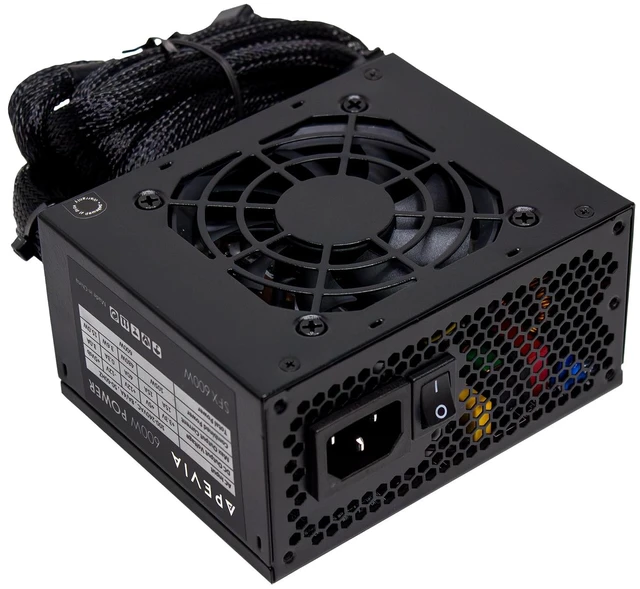 Main image of Apevia SFX-PFC600W 600W SFX Power Supply, Low Noise, Full Range Active PFC | SFX Form Factor, 80mm Auto Thermal Fan, 600W SFX Power Supply, Full Range Active PFC 90-264V, For Compact Computers