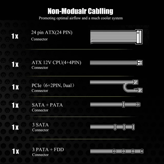 Alt view image 6 of 7 - 700w Power Supply Non-Modular ATX PSU with 6+2 Pin Connectors PFC Protection and 120mm Silent Fan Gaming PSU KY-700 Black