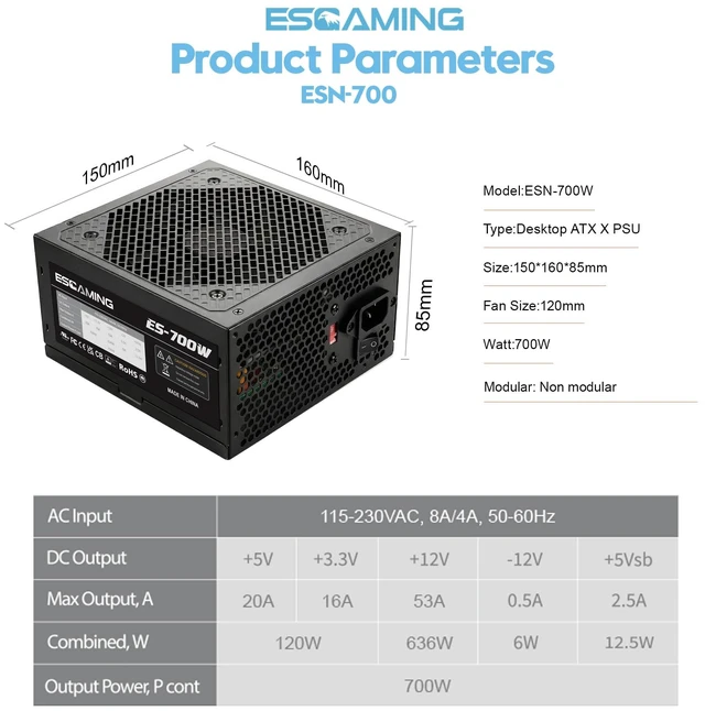 Alt view image 6 of 7 - ATX 700W PSU Non-Modular PC Power Supply with 120mm Silent Fan 115/230V Swith