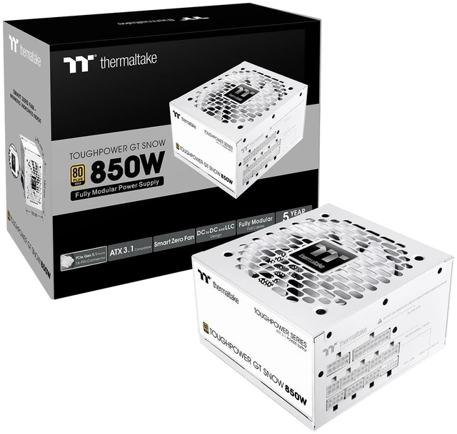 Main image of Thermaltake Toughpower GT 850W Snow ATX 3.1 Power Supply; 80 Plus Gold Efficiency; Smart Zero Fan; Native 600W PCIe 5.1 Connector; PS-TPT-0850FNFAGU-W; 5 Year Warranty
