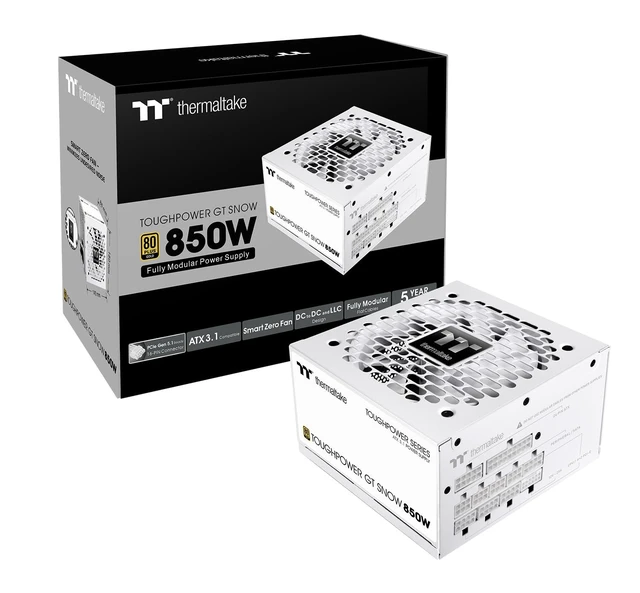 Alt view image 2 of 6 - Thermaltake Toughpower GT 850W Snow ATX 3.1 Power Supply; 80 Plus Gold Efficiency; Smart Zero Fan; Native 600W PCIe 5.1 Connector; PS-TPT-0850FNFAGU-W; 5 Year Warranty