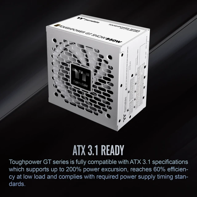 Alt view image 3 of 6 - Thermaltake Toughpower GT 850W Snow ATX 3.1 Power Supply; 80 Plus Gold Efficiency; Smart Zero Fan; Native 600W PCIe 5.1 Connector; PS-TPT-0850FNFAGU-W; 5 Year Warranty