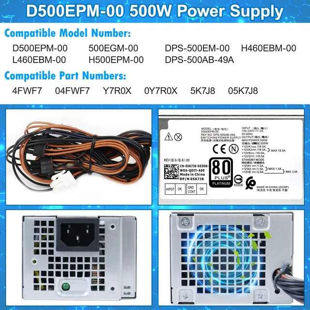 Alt view image 3 of 7 - S-Union Upgraded D500EPM-00 500W Power Supply H500EPM-00 Compatible with Dell Optiplex 3050MT 7080MT 7070MT 7060MT 5090 3681 MT G5-5090 5060 XPS 8940 MT 5K7J8 Y7R0X D500EPM-00 H500EGM-00 Power Supply