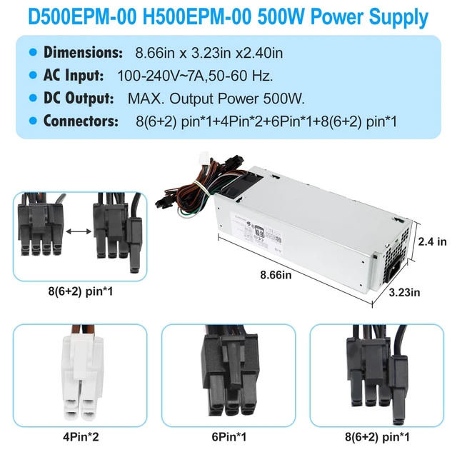 Alt view image 4 of 7 - S-Union Upgraded D500EPM-00 500W Power Supply H500EPM-00 Compatible with Dell Optiplex 3050MT 7080MT 7070MT 7060MT 5090 3681 MT G5-5090 5060 XPS 8940 MT 5K7J8 Y7R0X D500EPM-00 H500EGM-00 Power Supply