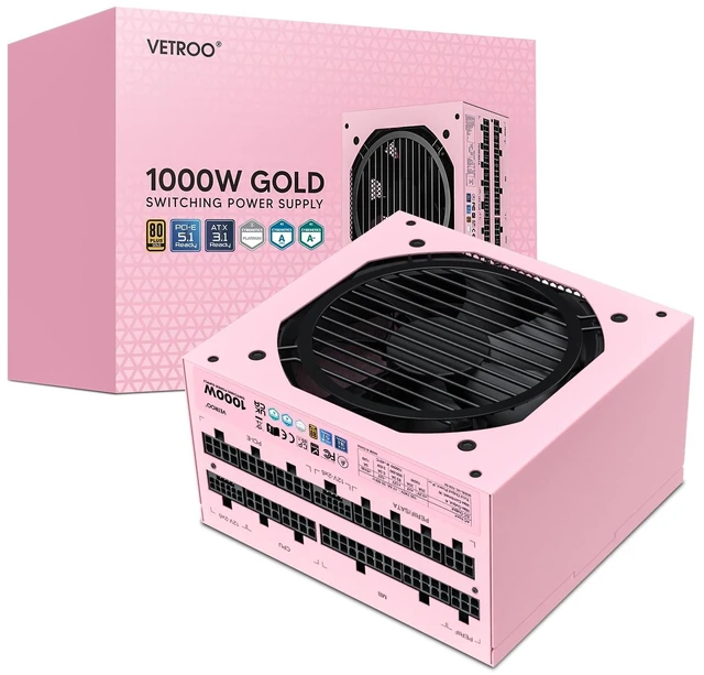 Main image of Vetroo 1000W Pink Power Supply, ATX 3.1 Ready & Dual PCIe 5.1 | 80 Plus Gold Certified, Full Modular, Eco Mode with 120mm FDB Fan, Compact Size, 10 Year Warranty for Gaming PC
