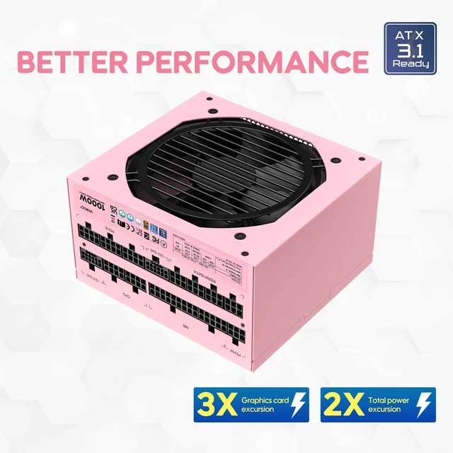 Alt view image 4 of 7 - Vetroo 1000W Pink Power Supply, ATX 3.1 Ready & Dual PCIe 5.1 | 80 Plus Gold Certified, Full Modular, Eco Mode with 120mm FDB Fan, Compact Size, 10 Year Warranty for Gaming PC